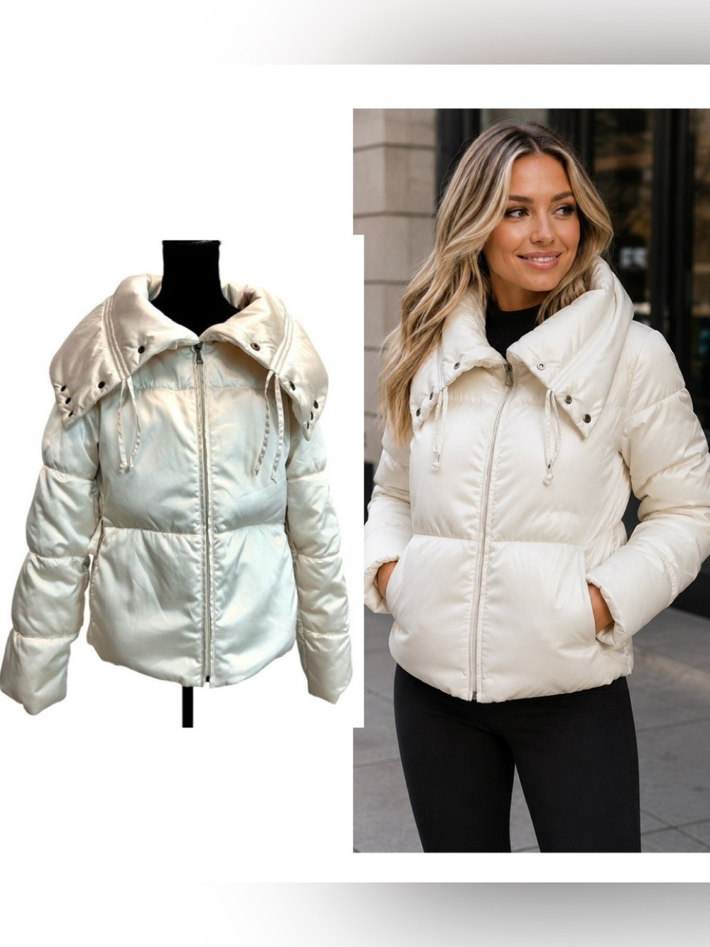 Tommy Hilfiger Ivory light cream puffer jacket coat high neck Sz M